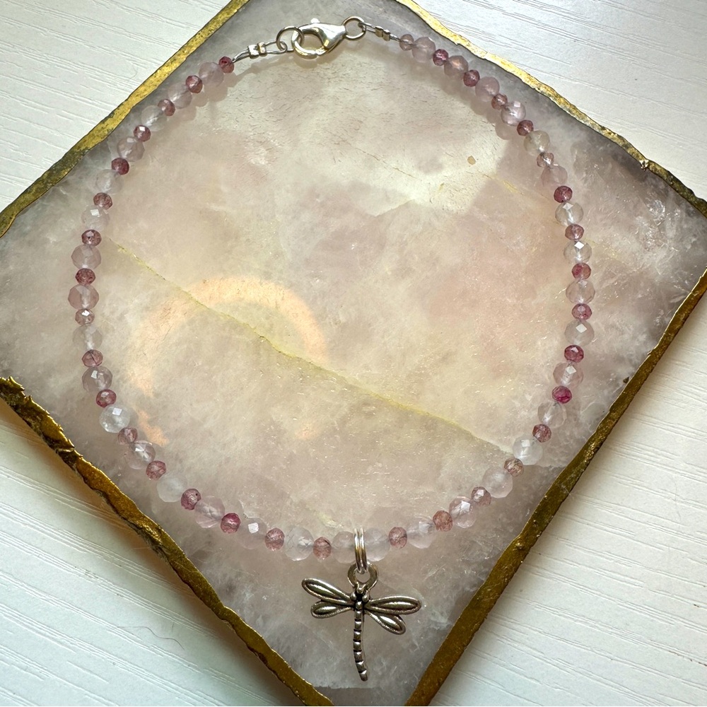 Handmade Faceted Rose & Strawberry Quartz Charm Anklet